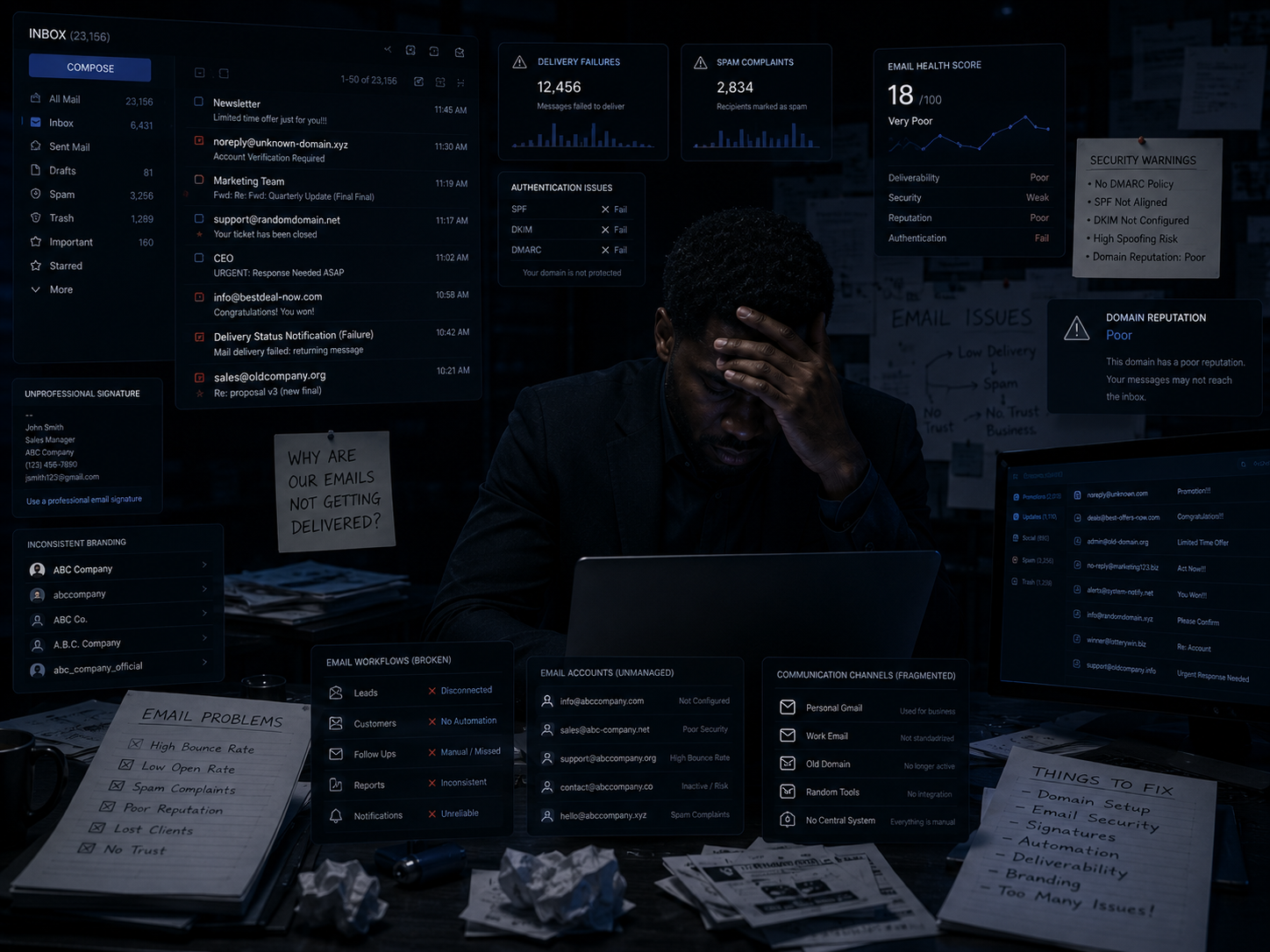 Before business email configuration showing unprofessional free email accounts