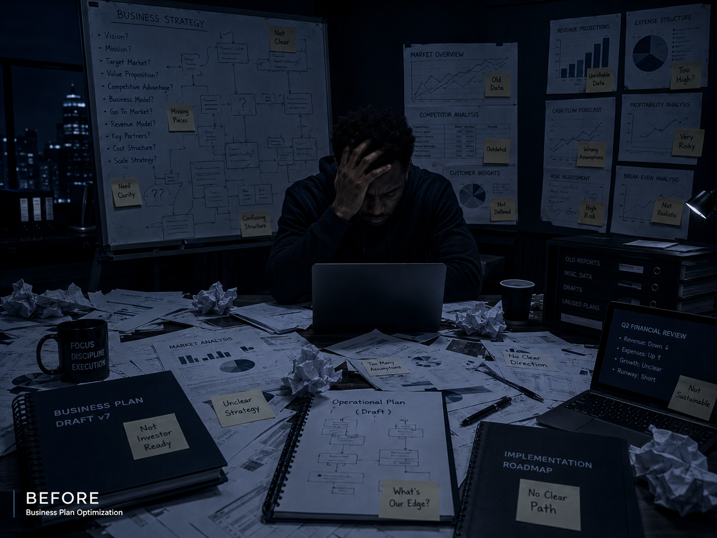Before business plan showing a template-filled document with weak strategy