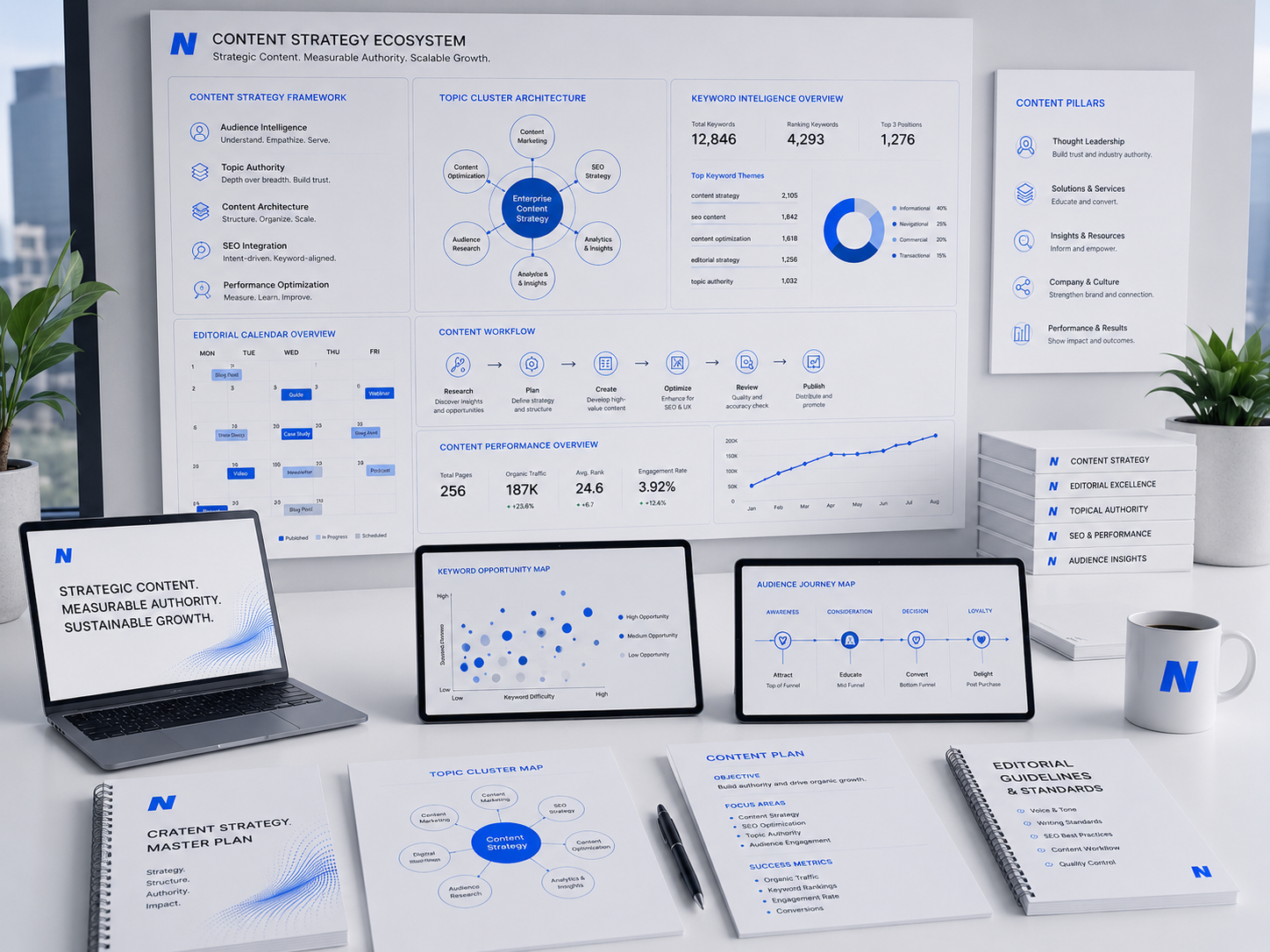 After content strategy showing a structured content plan driving search traffic
