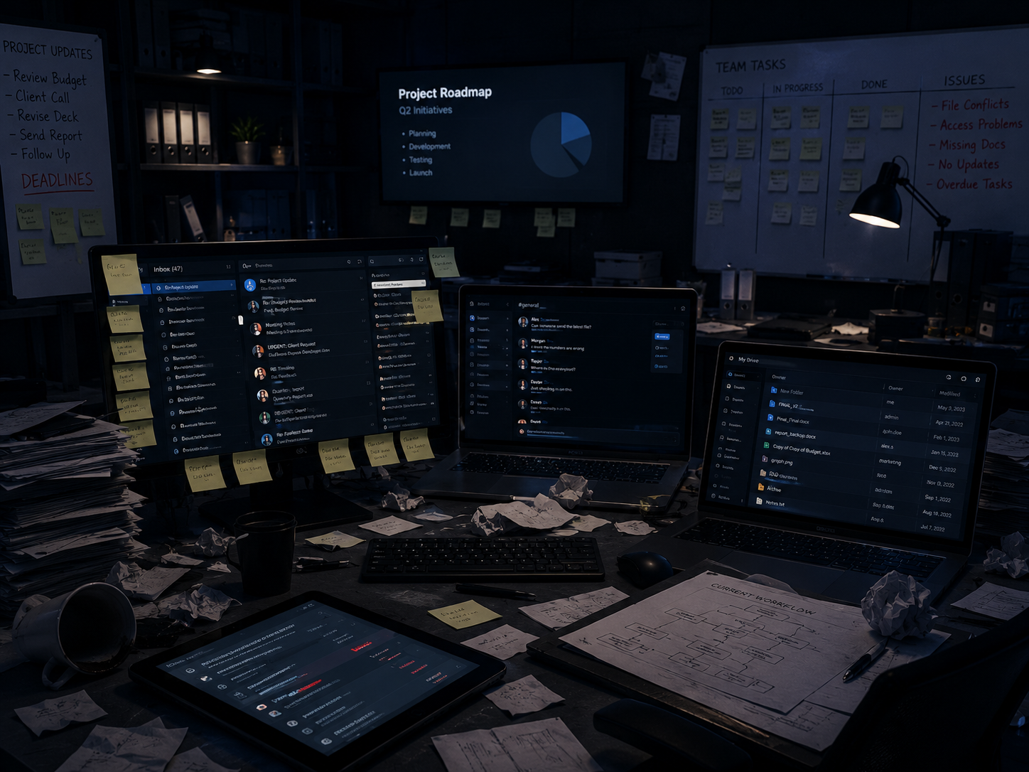 Before digital workspace showing scattered files and disconnected tools
