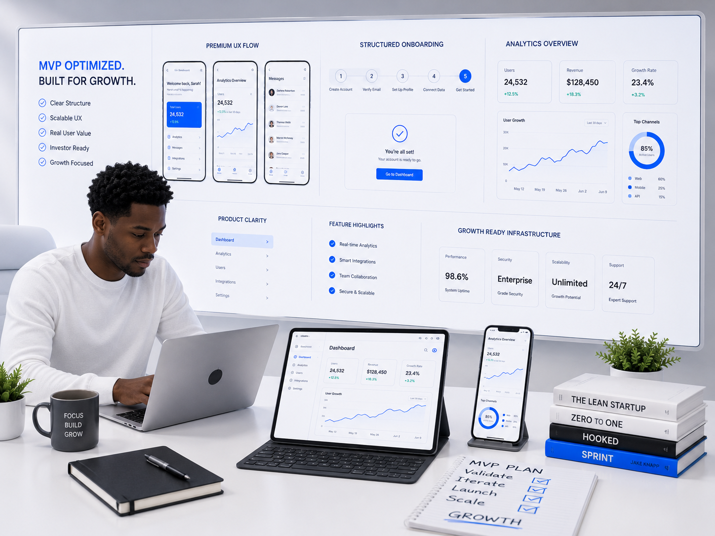 After MVP UI/UX showing complete launch-ready interface designs