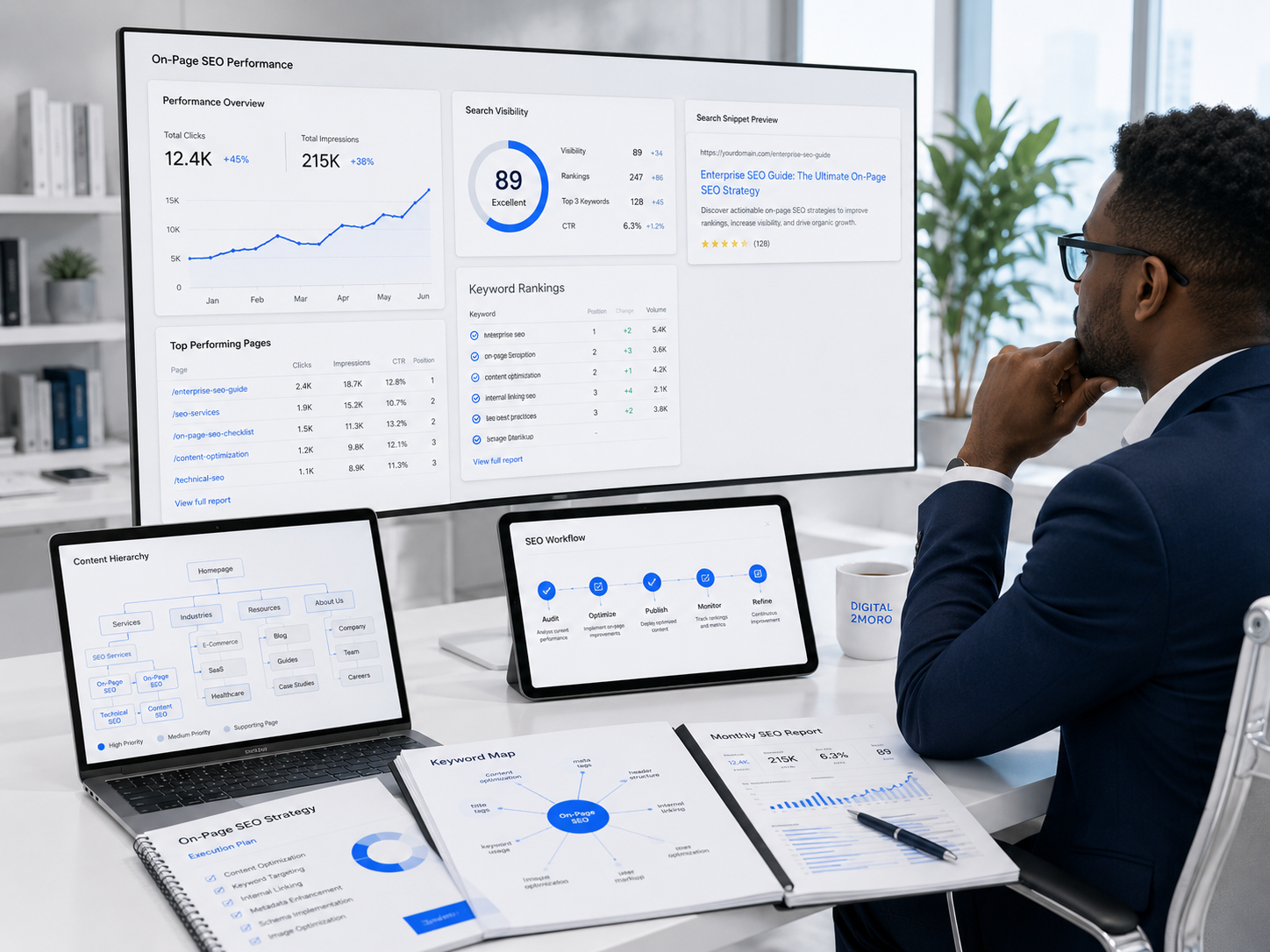 After on-page SEO showing optimized pages with improved rankings and traffic