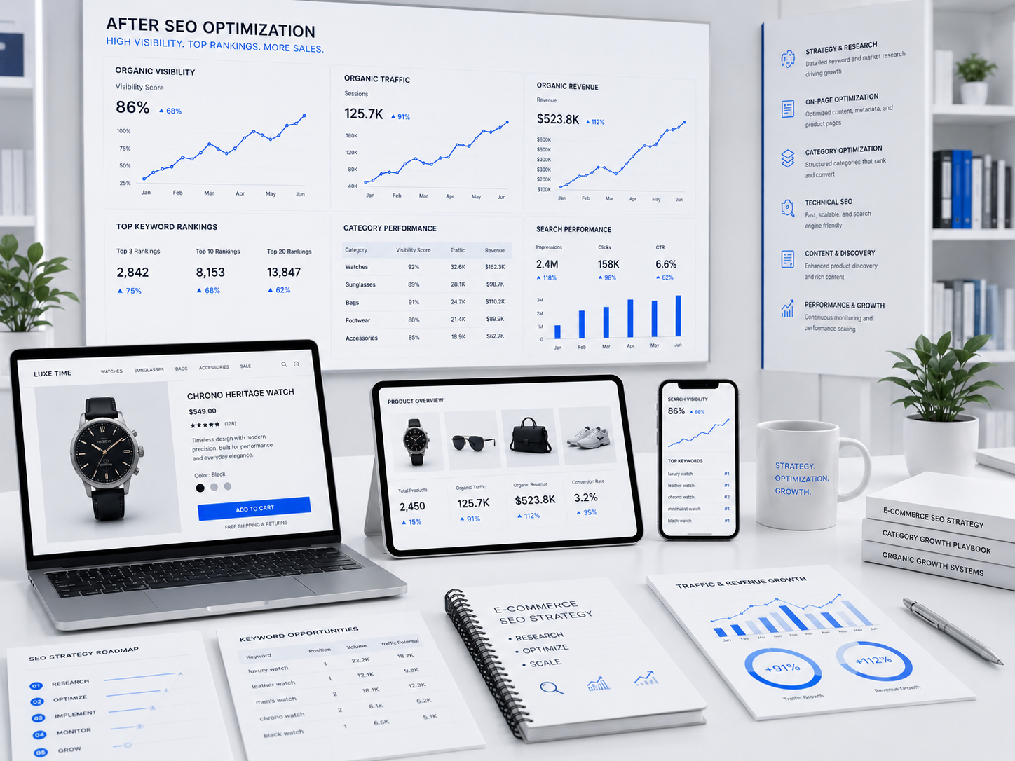 After product SEO showing optimized product pages with rich results and rankings