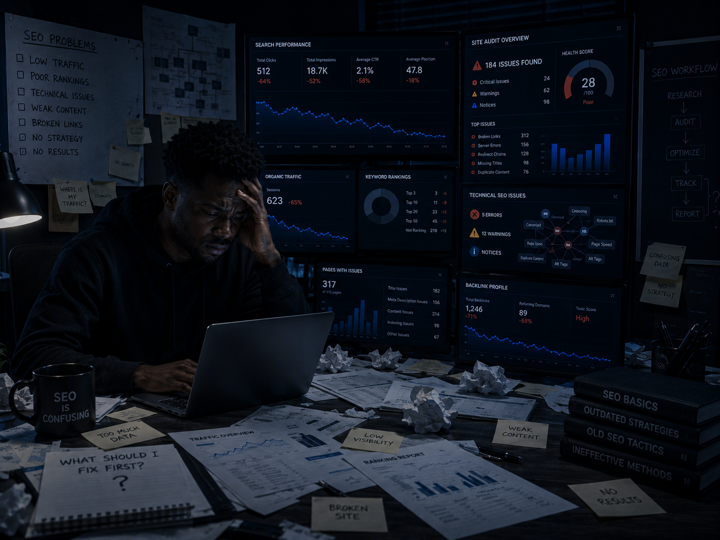 Before SEO audit showing a website with unknown issues and no visibility