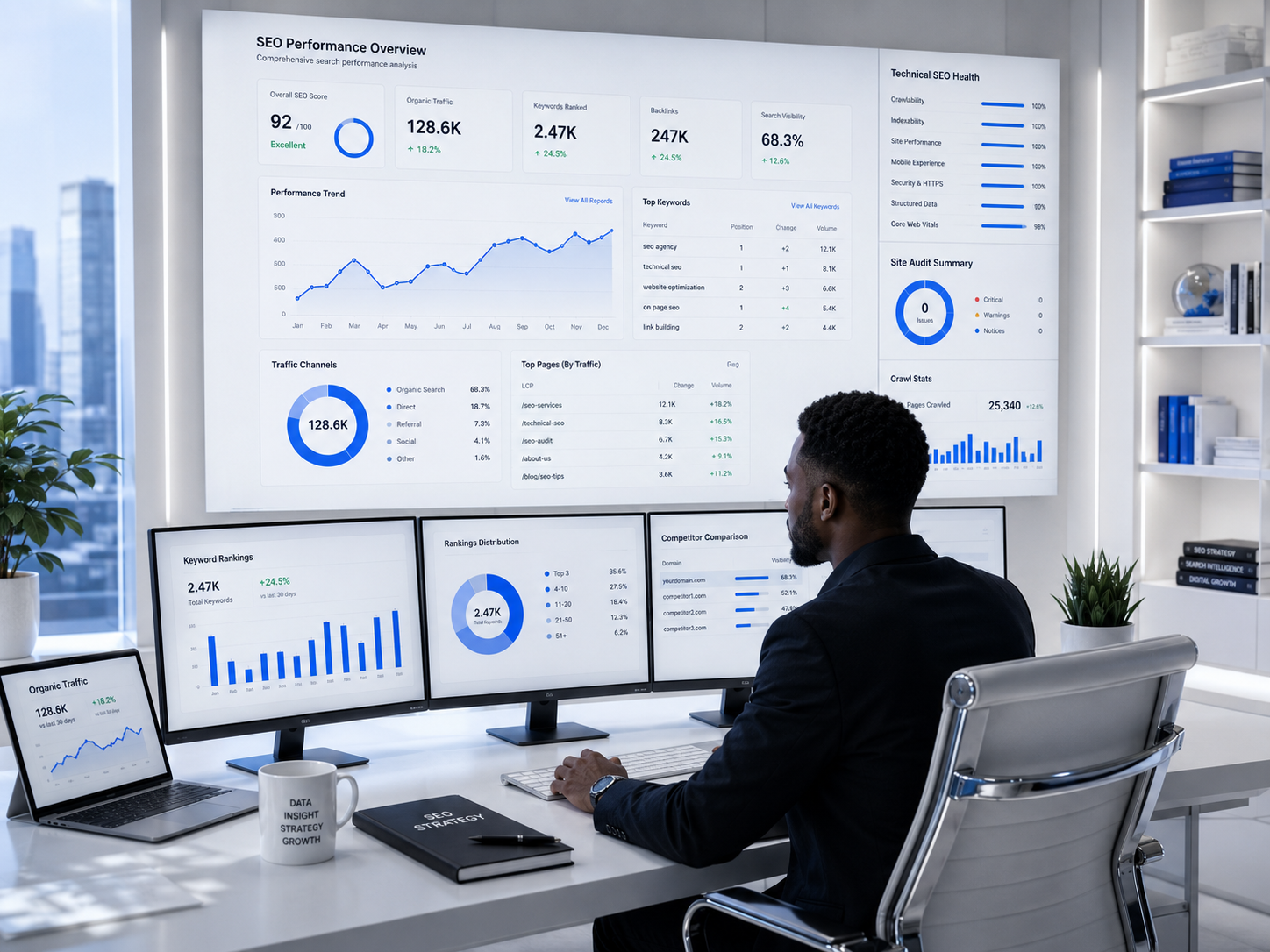 After SEO audit showing a clear diagnostic report and prioritized action plan