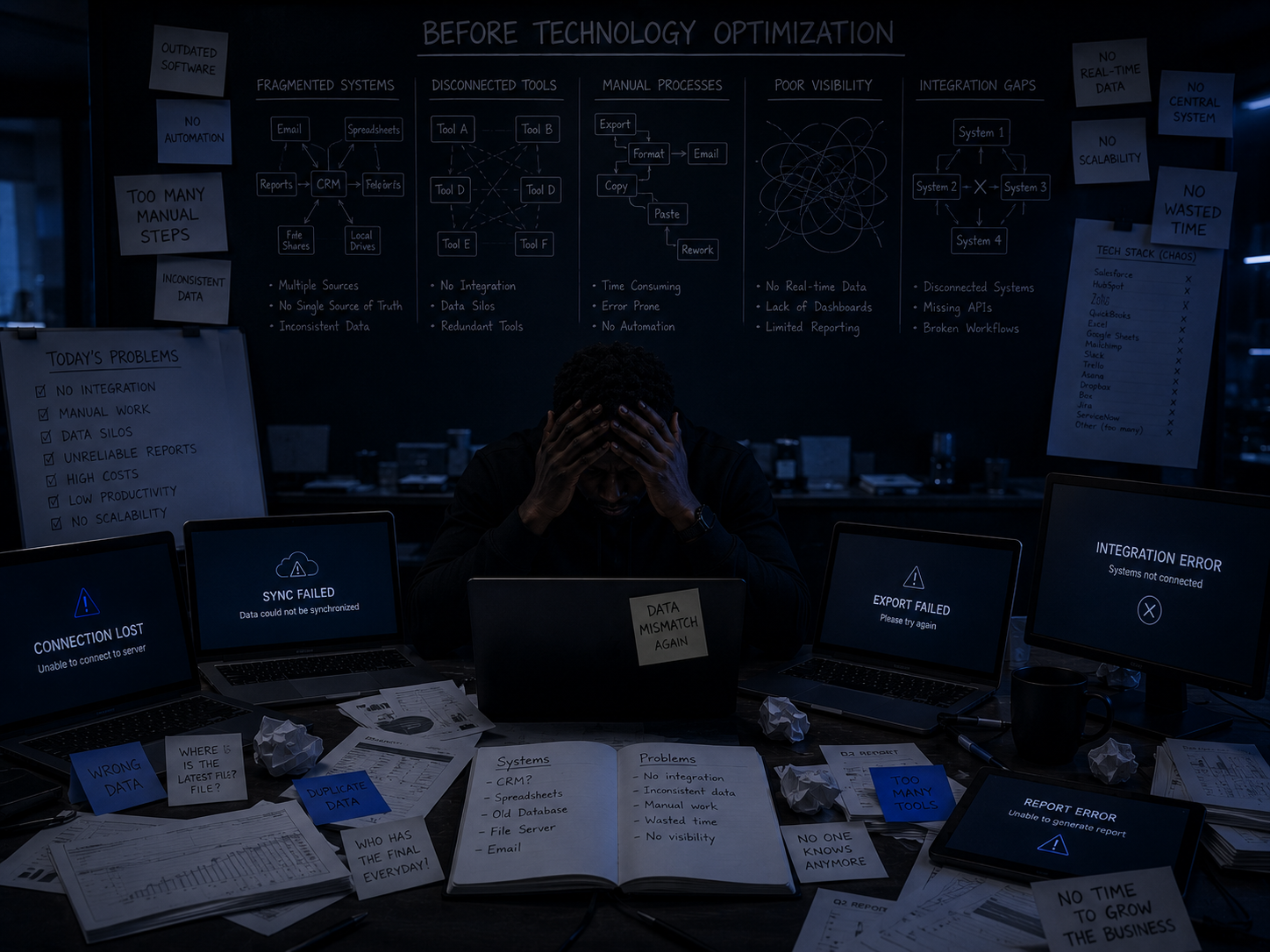 Before tech consulting showing disconnected systems and unclear technology decisions