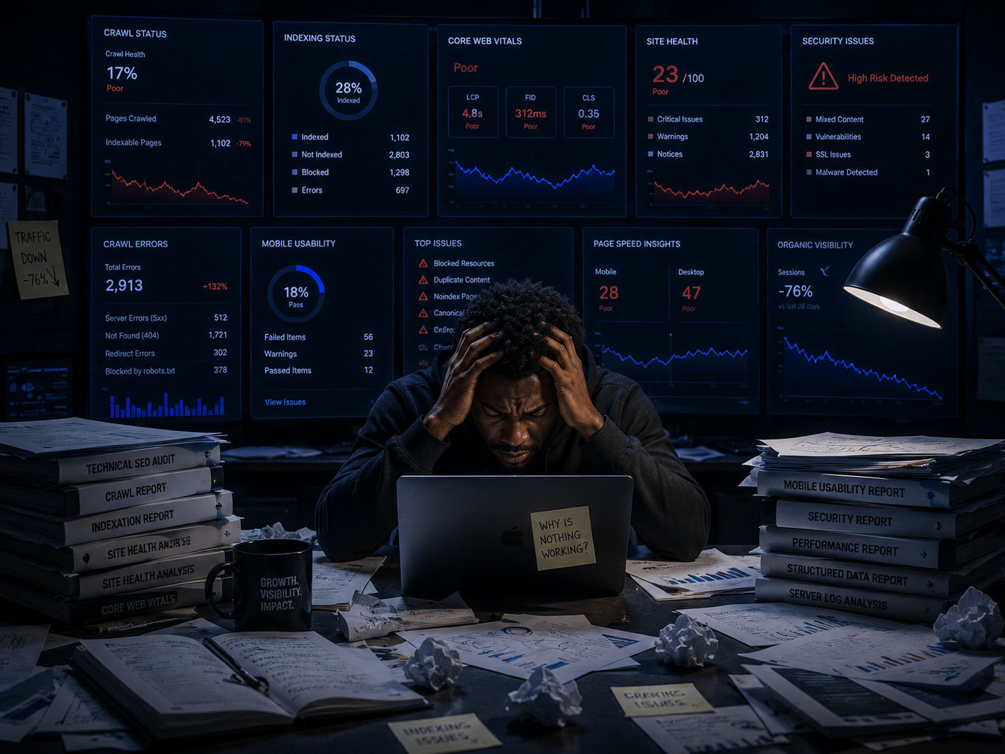 Before technical SEO showing a site with crawl errors and poor performance